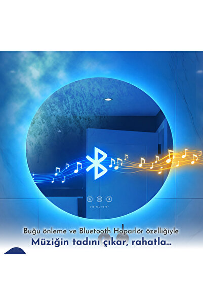 Digital Hayat Bluetooth Ayna Hoparlörlü Yuvarlak LED Akıllı Banyo Aynası - Bu...
