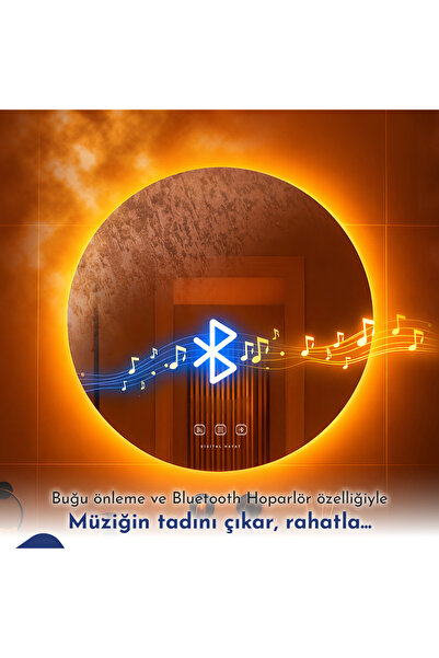 Digital Hayat Bluetooth Ayna Hoparlörlü Yuvarlak LED Akıllı Banyo Aynası - Bu...