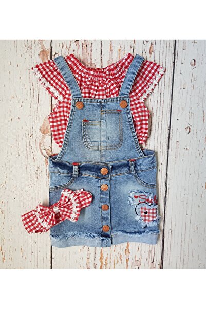 ACAR Compleu 3 piese cu sarafan denim si top, varsta 2 ani, 92 cm, Rosu/Alb