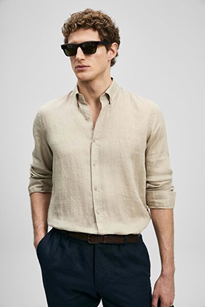 Lufian 111010654 Pitaya Erkek Keten Gömlek Comfort Fit Erkek Gömlek BEJ