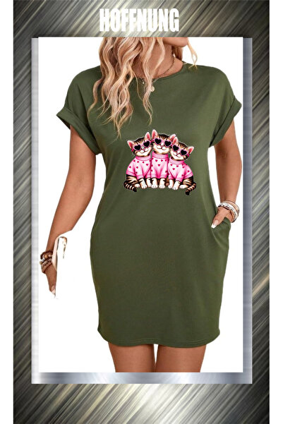 HOFFNUNG Unisex Short Sleeve Round Neck 3Cats Printed Solid Color Long Tshirt
