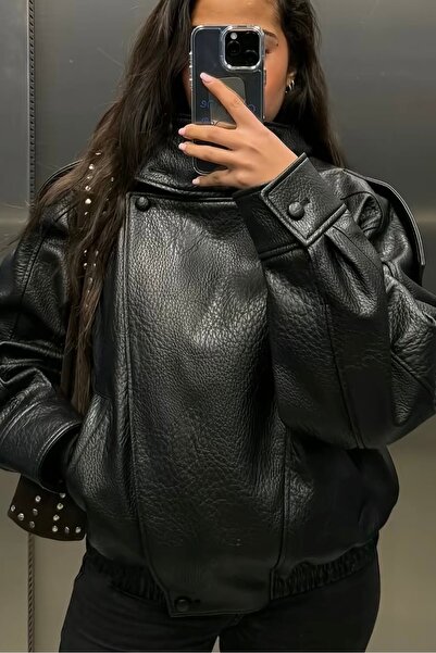 MEECY Women's Zr Model High Collar Zippered Leather Jacket