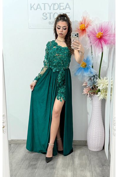 KATYDEA STORE Rochie spectaculoasă din catifea verde și dantelă DELUX