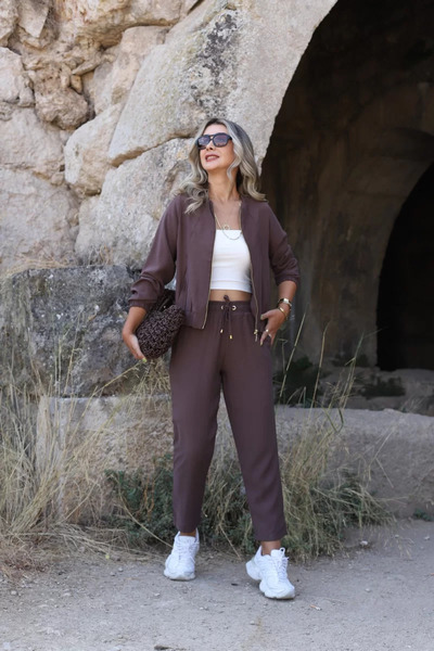 bytugcekaya Set pantaloni jachetă maro cu fermoar