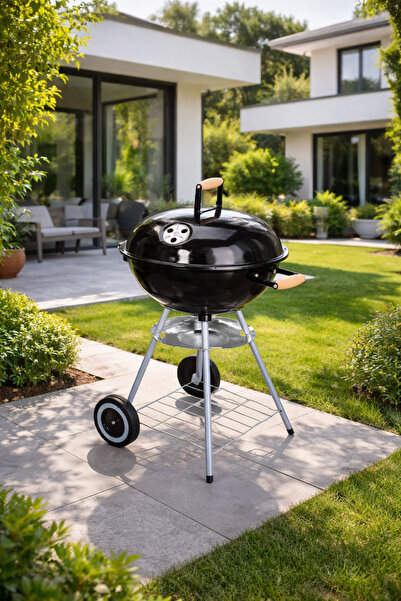 Padilon Yuvarlak Kömürlü Mangal Ahşap Kulplu Tekerlekli Mangal 39 cm