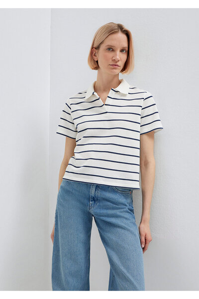 Mavi Тъмносиня раирана бяла поло тениска с нормална кройка 1613714-90696