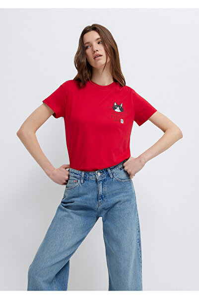 Mavi Червена тениска с котешки принт, полу-вталена кройка 1613723-70935