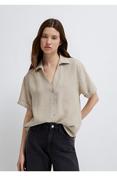 Mavi Kısa Kollu Bej Gömlek Loose Fit / Bol Rahat Kesim 1211358-70182