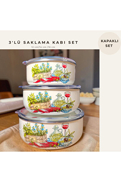 Emparlahome Enamel 3-Piece Storage Container (14Cm-16Cm-18Cm) Red Patterned