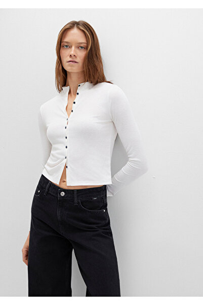 Mavi Ecru-T-Shirt mit Knopfdetail, figurbetont geschnitten 1613695-70057