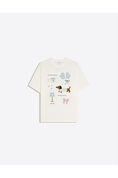 Disante Little Little Baskılı Bisiklet Yaka Oversize Trend Kadın T-shirt