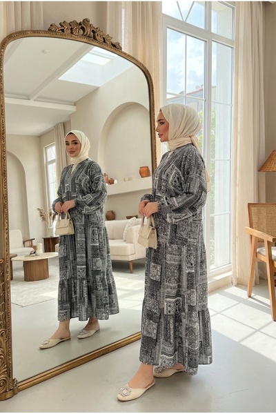 Kirazca Butik فستان ماكسي نسائي بوهيمي مطبوع بنقوش عرقية - بأكمام بالونية