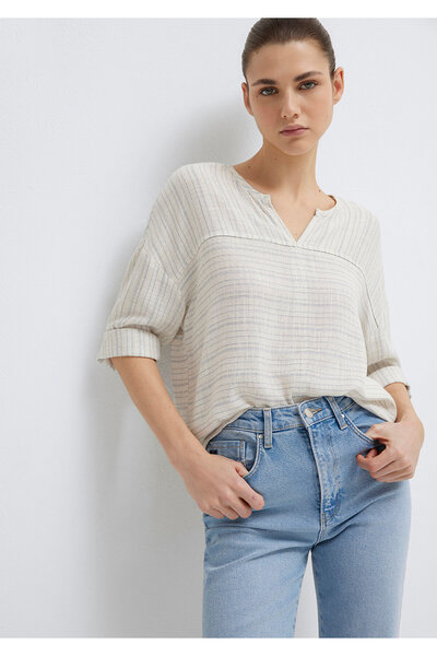 Mavi Gestreifte beige Bluse aus Leinenmischung 1210328-83905