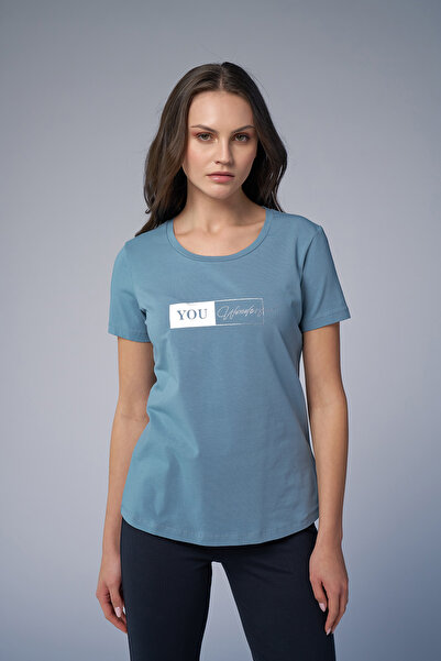 bilcee Pobedili ste sa Mavi Önungin Štampano i Sa kamenčićima T-Shirt 4069.