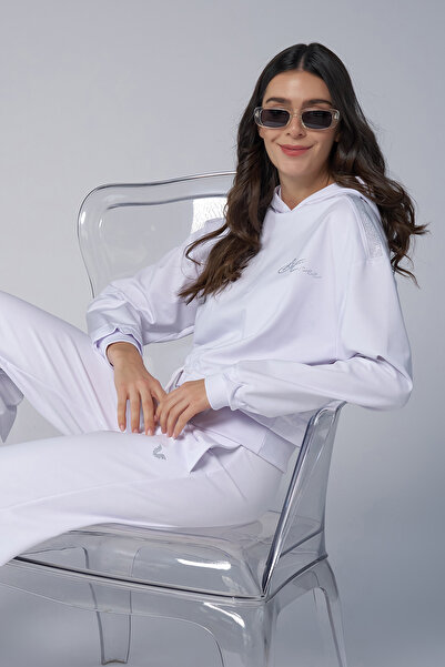 bilcee Women's White Stone Printed Sweatshirt Trousers Suit 4043