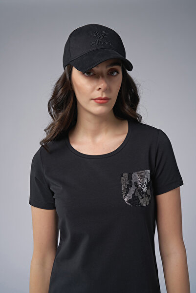 bilcee Women's Black Pocket Stone Printed T-Shirt 4077