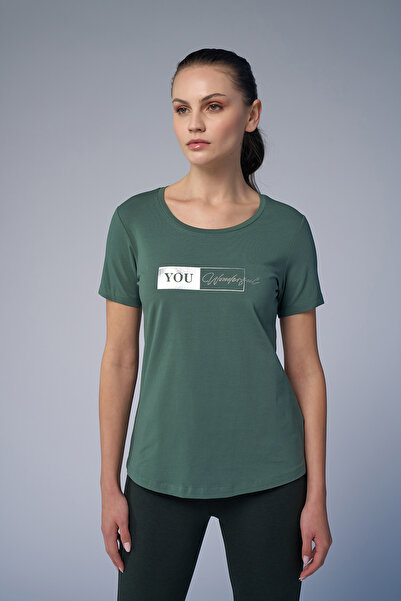 bilcee For Green Front Printed and Rhinestone T-Shirt 4069 Model for Women