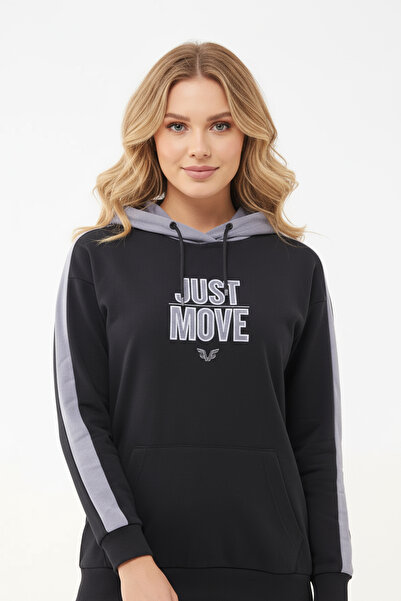 bilcee Women's Black Hooded Drawstring Sweatshirt Set 1663