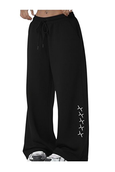SAAT TEKSTİL Women - Printed Wide-Leg - Elastic Waist - Casual Sports Pants