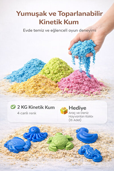 HEROES 4 Farklı Renk Kinetik Kum 2 Kg - Akışkan Eğitici Kinetik Oyun Kumu - 8'li Oyun Kalıbı Hediye 4x500gr