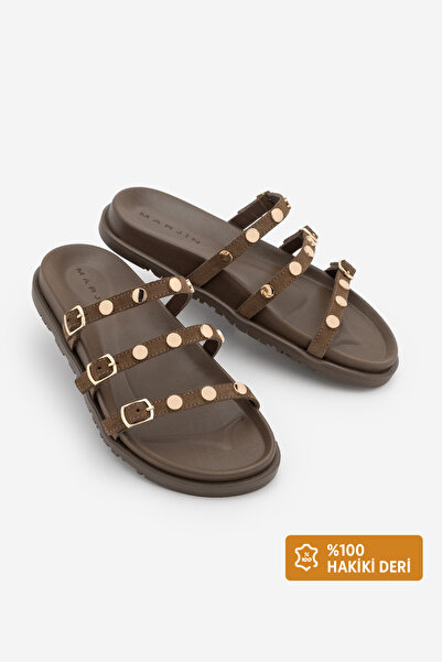 Marjin Γυναικείες παντόφλες από γνήσιο δέρμα με τρεις ρίγες και καρφιά, Zoven...