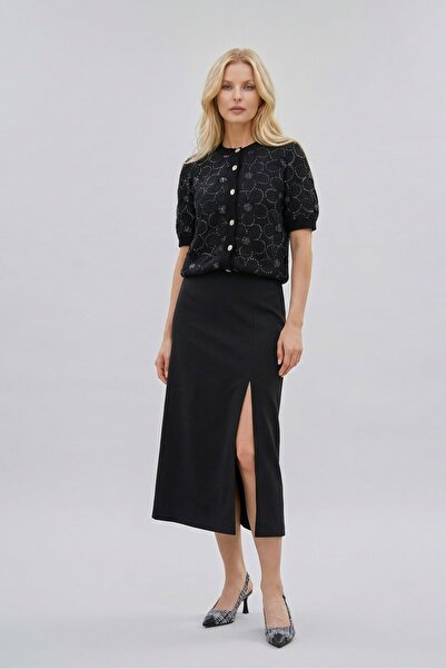 Saade Yırtmaçlı Detaylı Midi Dokuma Etek