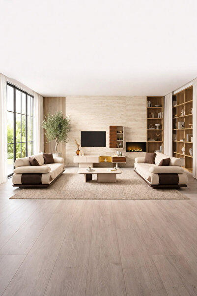 Evondi Krem Modern Koltuk Takımı 3+3+1 – Deri Detaylı Ahşap Kollu Yumuşak Dok...