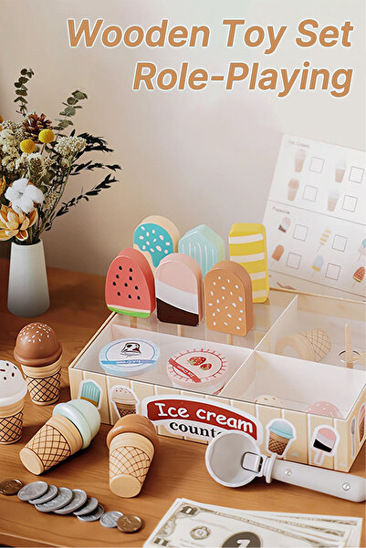 Generic مجموعة ألعاب خشبية - للعب الأدوار، تتضمن مخروط آيس كريم، مصاصة، ولوحة...