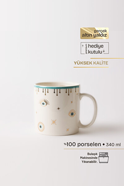 TUSE LIVING Evil Eye Gerçek Altın Yaldızlı Nazar Gözlü Porselen Kupa 340 ml