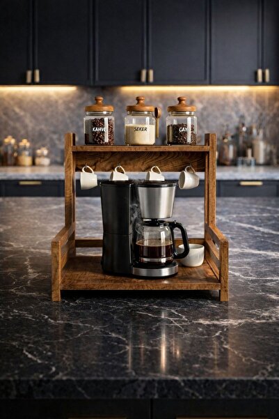 ENYAZA(2024) Ahşap Kahve Bar Standı 2 Raflı 4 Kancalı Kupa Askılı Mutfak Orga...