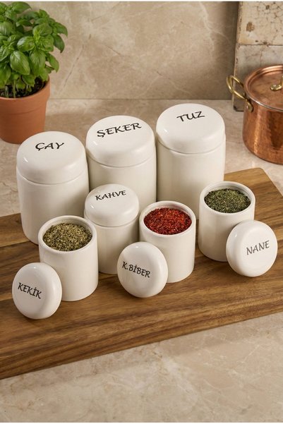 Perotti Heybeli 7-Piece Round Shaped Ergonomic Food and Spice Container Set with Porcelain Lids