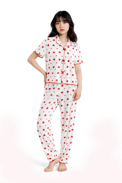 Ecrou Kadın Ekru Kalp Fiyonklu Kısa Kol Waffle Pijama Takım