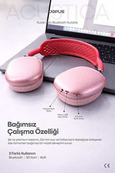 Jopus Bluetooth Kulaklık iOS Android Uyumlu Yüksek Ses Kalitesi Mikrofonlu Kulaklık Acustica Red