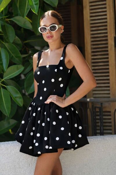 La Sarta Paros Balon Skirted Short Black and White Polka Dot Piece Dress