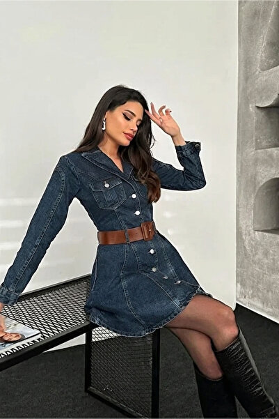 MEECY Rochie din denim cu centură bleumarin
