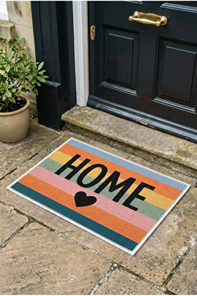 Zevahir Home Renkli Çizgili HOME Yazılı Kaymaz Taban Kapı Önü Paspası