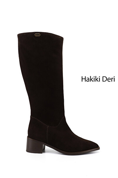 GÖNDERİ(R) Women's Brown Suede Pointed Toe Thick Heeled Genuine Leather Boots