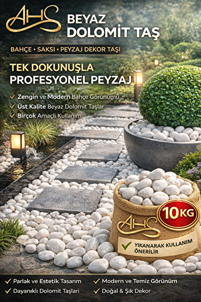 AHS Beyaz Dolomit Taş 10 Kg 4-6 Cm Dere Çakıl Taşı Bahçe Peyzaj Süs Taşı Saks...