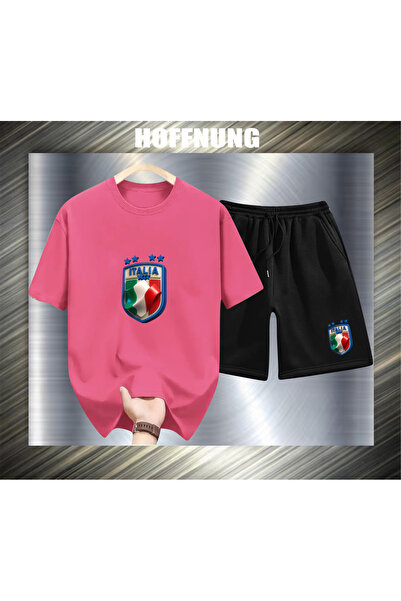 HOFFNUNG Unisex Casual Short Sleeve Set with Italian Logo Print Outdoor Sprin...