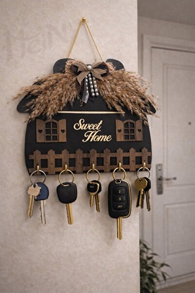 HeiN Sweet Home Yazılı Ahşap Anahtar Askılığı Duvar Askılı Anahtarlık (ANNELE...