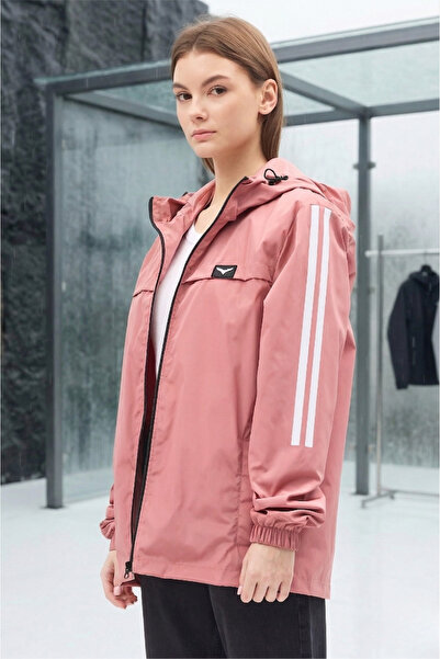 LEVEL HİGH Kadın Pudra Kapüşonlu Şerit Detaylı Suya Dayanıklı Mevsimlik Yağmu...