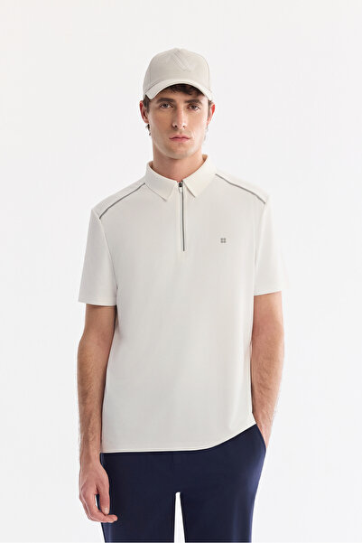 Avva تي شيرت رجالي من القماش التقني ذو ياقة بولو وسحاب أبيض اللون A61Y1106