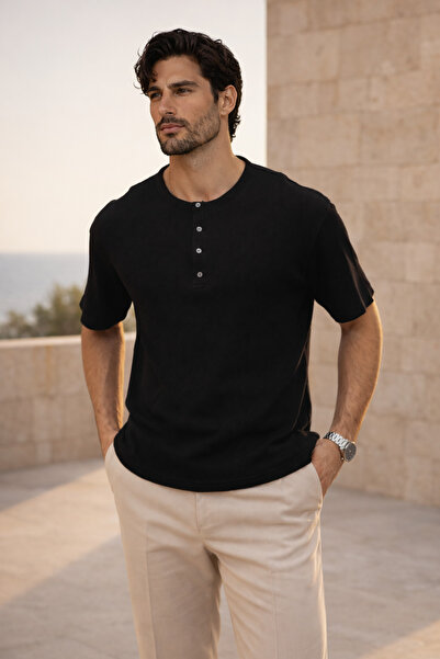 Valiberta Roth Relaxed Fit Casual Henley Collar Waffle Fabric Summer Short Sl...