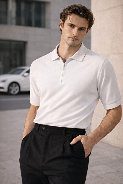 Valiberta Linus Zippered Polo Collar Short Sleeve Slim Knitwear Men's T-Shirt...