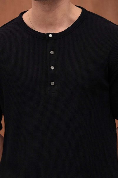 Valiberta Roth Relaxed Fit Casual Henley Collar Waffle Fabric Summer Short Sleeve T-Shirt - Black