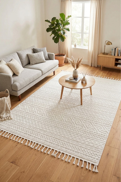 Ceremonyhome Ceremony Home Krem Halı Saçaklı Modern Salon Halısı Oturma Odası...