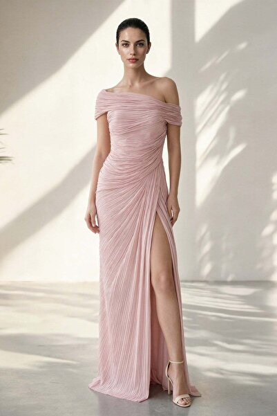 Setre فستان سهرة طويل بفتحة جانبية وياقة منسدلة وتفاصيل منسدلة