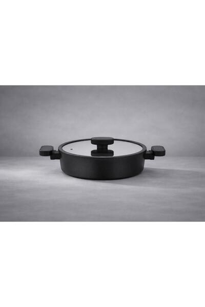 LAVONNI وعاء جرانيت فاليريا 30 سم مع غطاء زجاجي بحواف سيليكون - أسود غير لاصق