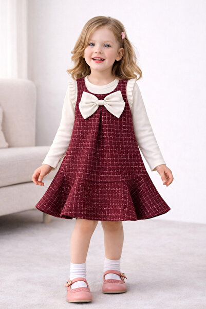 Kuzucuk Kids Bebek Çocuk Butik Kız Çocuk Bayramlık Bordo Tüvit Jile Elbise Bl...