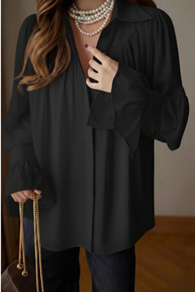 Askı Nişantaşı Siyah Büzgü Ve Kol Detaylı Gömlek